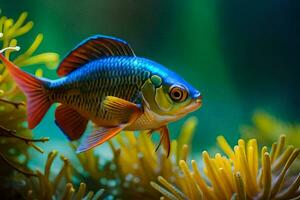 un pescado en un acuario con verde plantas. generado por ai foto