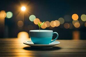 a cup of coffee with a plant in the middle. AI-Generated photo