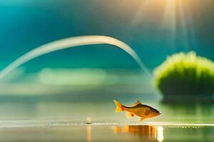 un pequeño pescado es en pie en el agua con un herboso zona en el antecedentes. generado por ai foto