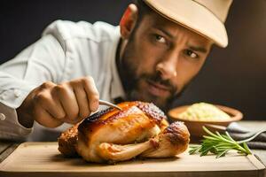 un hombre en un sombrero es corte un pollo. generado por ai foto