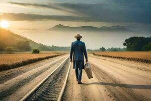 a man in a suit and hat walking down a road with a suitcase. AI-Generated photo