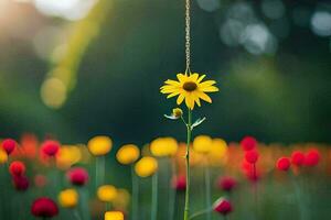 un amarillo flor es colgando desde un cuerda en un campo. generado por ai foto
