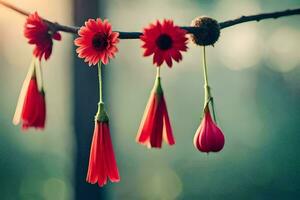 red flowers hanging from a branch. AI-Generated photo