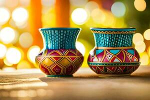 two colorful vases on a wooden table. AI-Generated photo