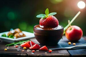 chocolate pudín con fresas y manzanas en un de madera mesa. generado por ai foto