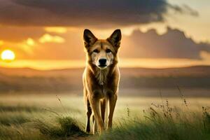 a dog is standing in a field at sunset. AI-Generated photo