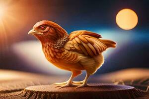 a chicken is standing on a stump in front of a sunset. AI-Generated photo