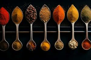 spoons with different types of spices. AI-Generated photo