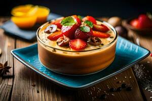 a dessert with strawberries and nuts on a wooden table. AI-Generated photo