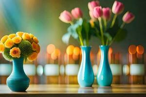 un azul florero con amarillo flores en él. generado por ai foto