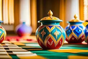 colorful vases on a table with a yellow background. AI-Generated photo