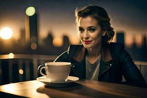 a woman sitting at a table with a cup of coffee. AI-Generated photo