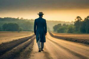 a man in a suit and hat walks down a dirt road. AI-Generated photo