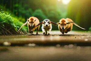 Tres perros corriendo en un la carretera en el bosque. generado por ai foto