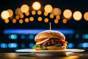 un hamburguesa es sentado en un plato en frente de un antecedentes de luces. generado por ai foto