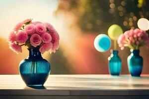 pink roses in blue vases on a table. AI-Generated photo