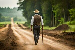 a man in a hat and vest walking down a dirt road. AI-Generated photo