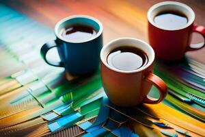 two coffee cups on a colorful table. AI-Generated photo