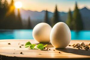 two eggs on a wooden table with a mountain in the background. AI-Generated photo