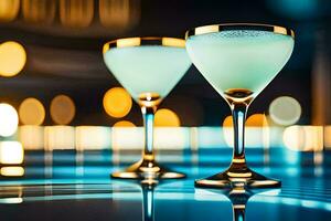 two martinis on a table with a blurred background. AI-Generated photo