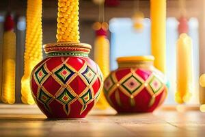 two colorful vases with yellow and red decorations. AI-Generated photo
