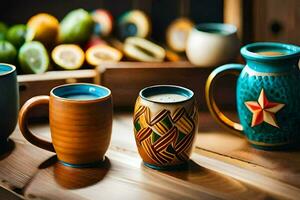 colorful ceramic mugs on a wooden table. AI-Generated photo