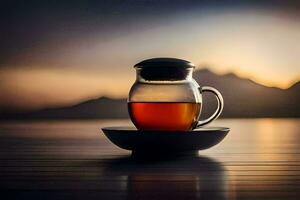 a cup of tea sits on a saucer in front of a lake. AI-Generated photo