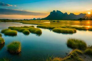 the sun sets over a marshy field with grass and mountains. AI-Generated photo