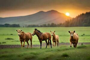 caballos corriendo en el campo a puesta de sol. generado por ai foto