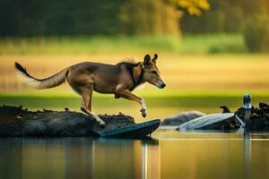 a dog jumping over a log in a lake. AI-Generated photo