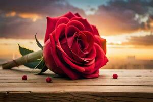 a red rose on a wooden table with a sunset in the background. AI-Generated photo