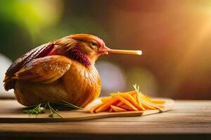 a chicken with a carrot in its beak. AI-Generated photo