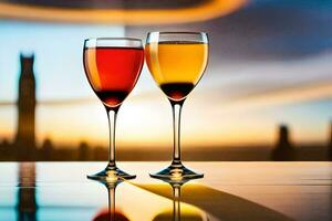 dos lentes de vino en un mesa con un ciudad horizonte en el antecedentes. generado por ai foto