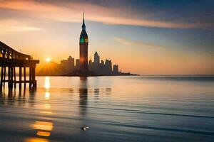 un ciudad horizonte con un reloj torre en el antecedentes. generado por ai foto