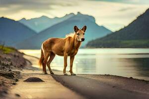 a horse standing on the shore of a lake. AI-Generated photo