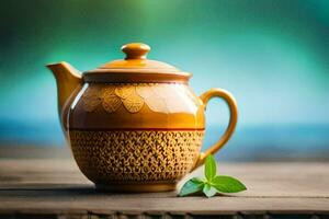 a teapot with a leaf on a wooden table. AI-Generated photo