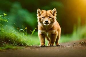 un pequeño marrón perro es caminando en un suciedad la carretera. generado por ai foto