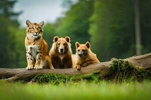 Tres marrón osos y un Tigre sentado en un registro. generado por ai foto