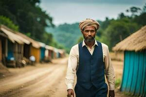 a man in a turban walking down a dirt road. AI-Generated photo