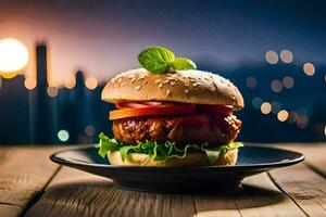 a hamburger on a plate with a cityscape in the background. AI-Generated photo