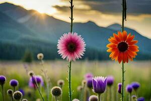 flowers in the meadow, mountains, flowers, flowers in the meadow, flowers in. AI-Generated photo