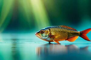 a fish is standing on the water with sunlight shining on it. AI-Generated photo