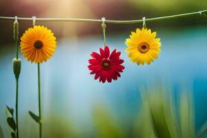 colorful flowers hanging from a clothesline. AI-Generated photo