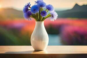 un florero con púrpura flores en un mesa en frente de un puesta de sol. generado por ai foto