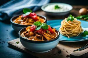 spaghetti and meatballs in tomato sauce in a bowl. AI-Generated photo