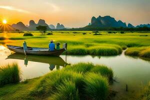 a boat in the middle of a green river with mountains in the background. AI-Generated photo