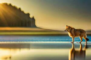 a lone wolf stands on the beach at sunset. AI-Generated photo