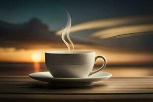 a cup of coffee on a table with a sunset in the background. AI-Generated photo