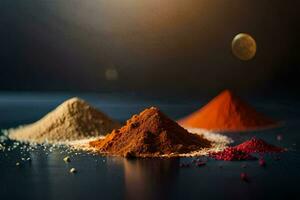 three different types of spices on a table. AI-Generated photo