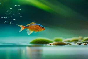 un pescado nadando en el agua con rocas y plantas. generado por ai foto